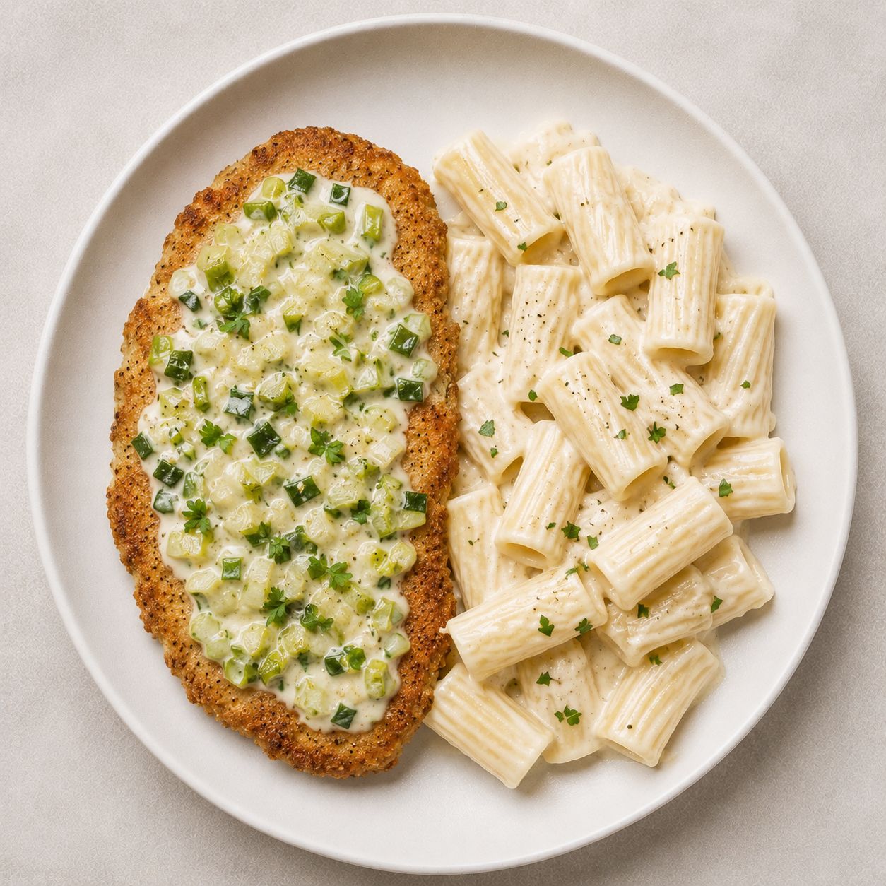Milanesas de pollo con salsa de verdeo y fideos a la crema